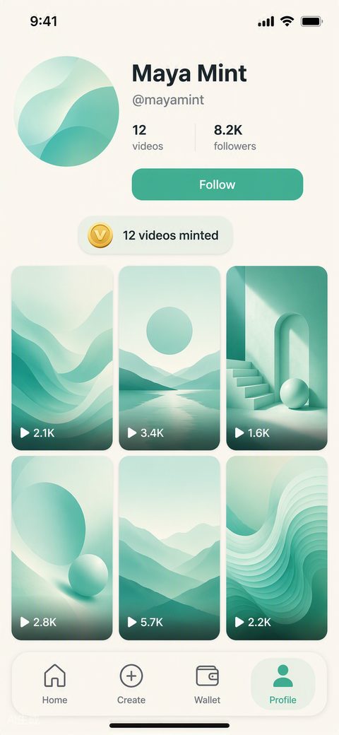 صفحة الملف الشخصي لأحد المبدعين في مجتمع VidMint مع فيديوهات قصيرة منشورة